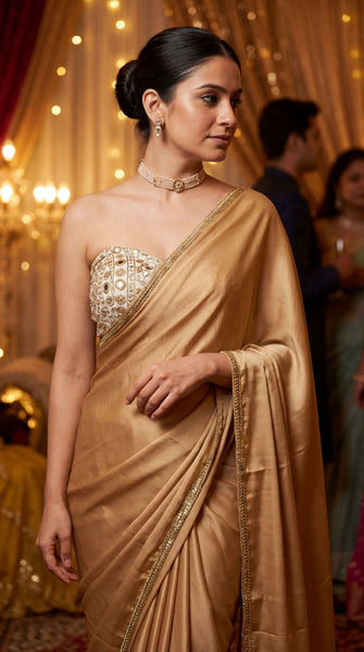 KANAYA Gold Fine Satin Pre-Draped Saree