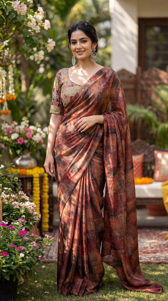 KANAYA Brown Printed Silk Pre-Draped Saree