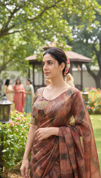 KANAYA Brown Printed Silk Pre-Draped Saree