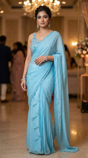 KANAYA Sky Blue Fusion Pre-Draped Saree - M