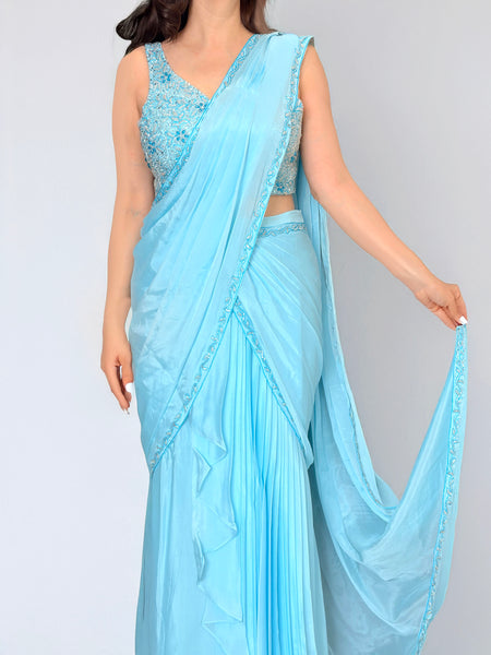 KANAYA Sky Blue Fusion Pre-Draped Saree - M