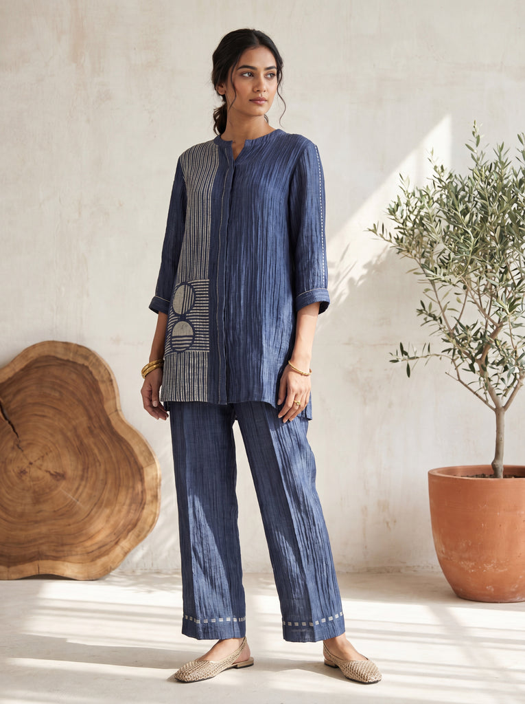 AUREVA Navy Blue Textured Linen Silk Co-ord Set - L/2XL