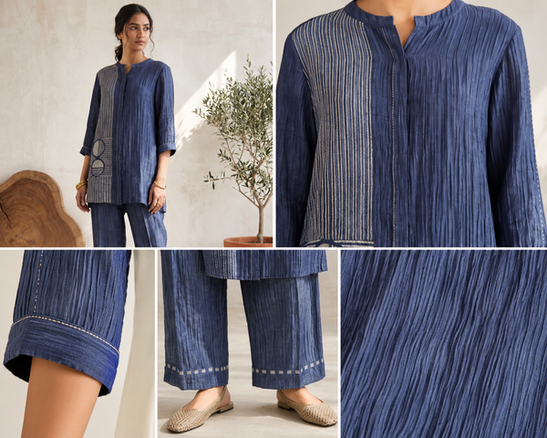 AUREVA Navy Blue Textured Linen Silk Co-ord Set - L/2XL