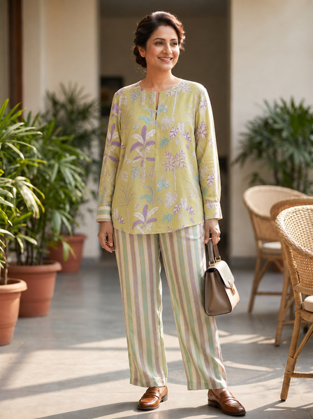 AUREVA Olive Mist Silk Floral Co-ord - XL TO XXL