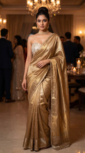 KANAYA Gold Shimmer Silk Tissue Pre-Draped Saree