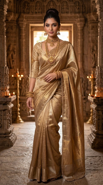 KANAYA Gold Shimmer Silk Tissue Pre-Draped Saree