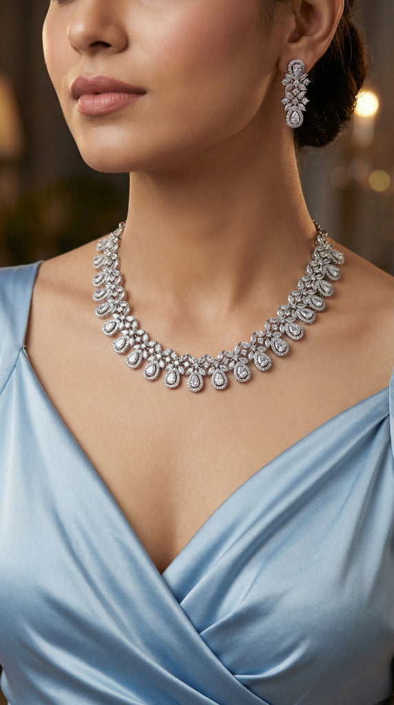 Plain Silver AD Necklace Set