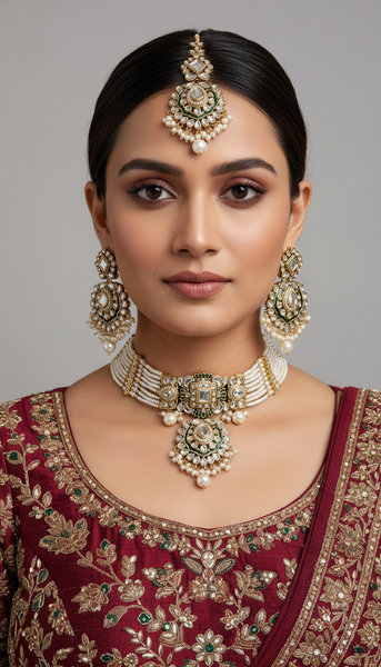 VIVAH Pearl Green Choker Pendant Bridal Necklace Set