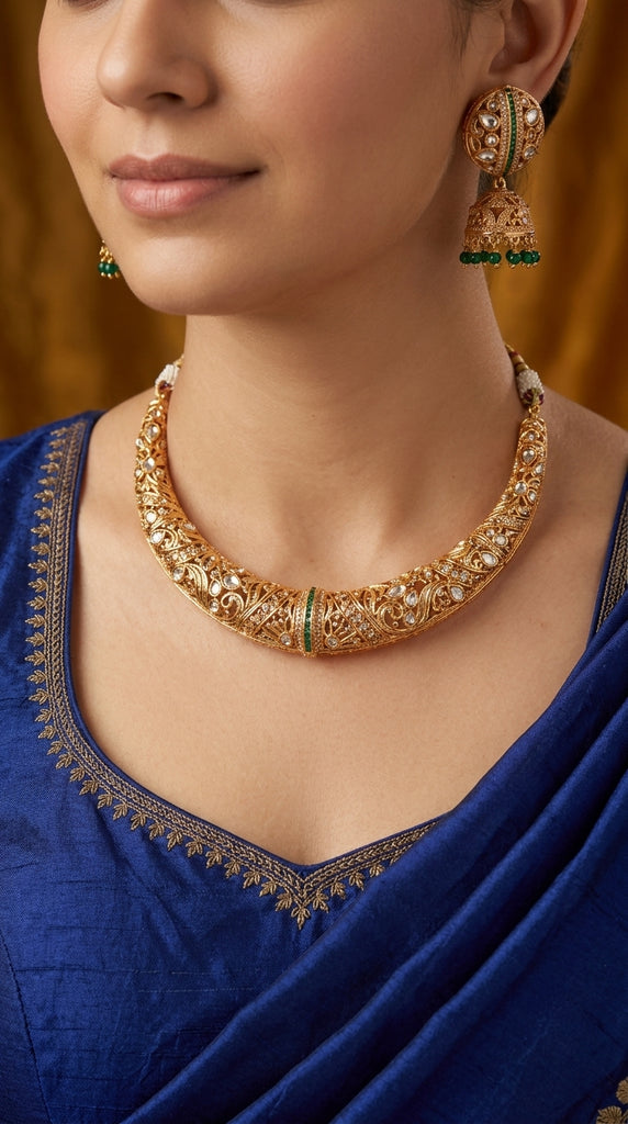HERITAGE Gold Plated Choker Necklace Set - Green & Red