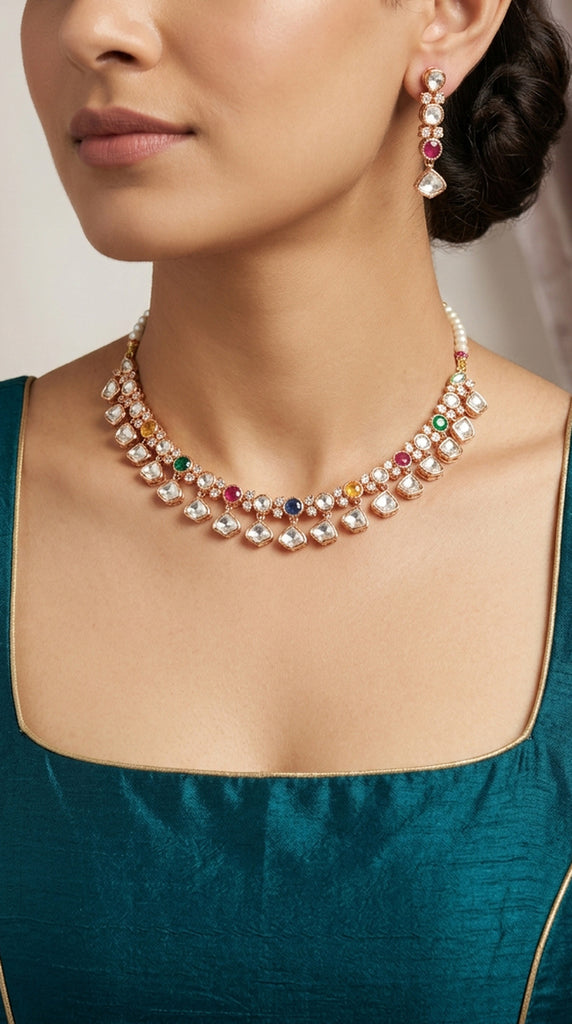 DIVA Fine Kundan Multi-Coloured Rose Necklace Set