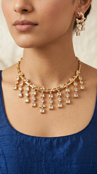 DIVA Fine Kundan Danglers Necklace Set - Clear & Green