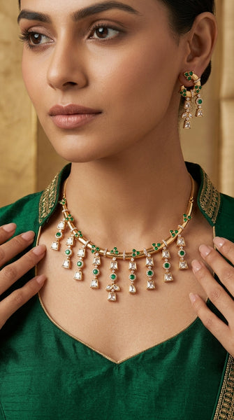 DIVA Fine Kundan Danglers Necklace Set - Clear & Green