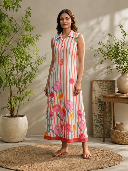 ALORA Coral Bloom Stripe Mul Maxi Dress - S/L
