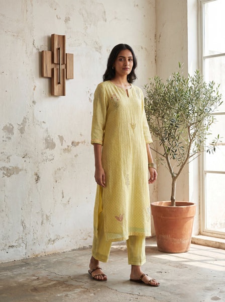 AUREVA Meadow Yellow Embroidered Textured Linen Co-ord Set - XL/3XL