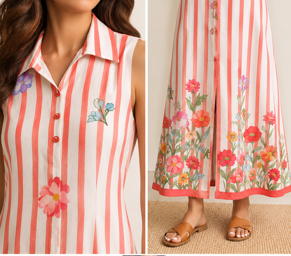 ALORA Coral Bloom Stripe Mul Maxi Dress - S/L