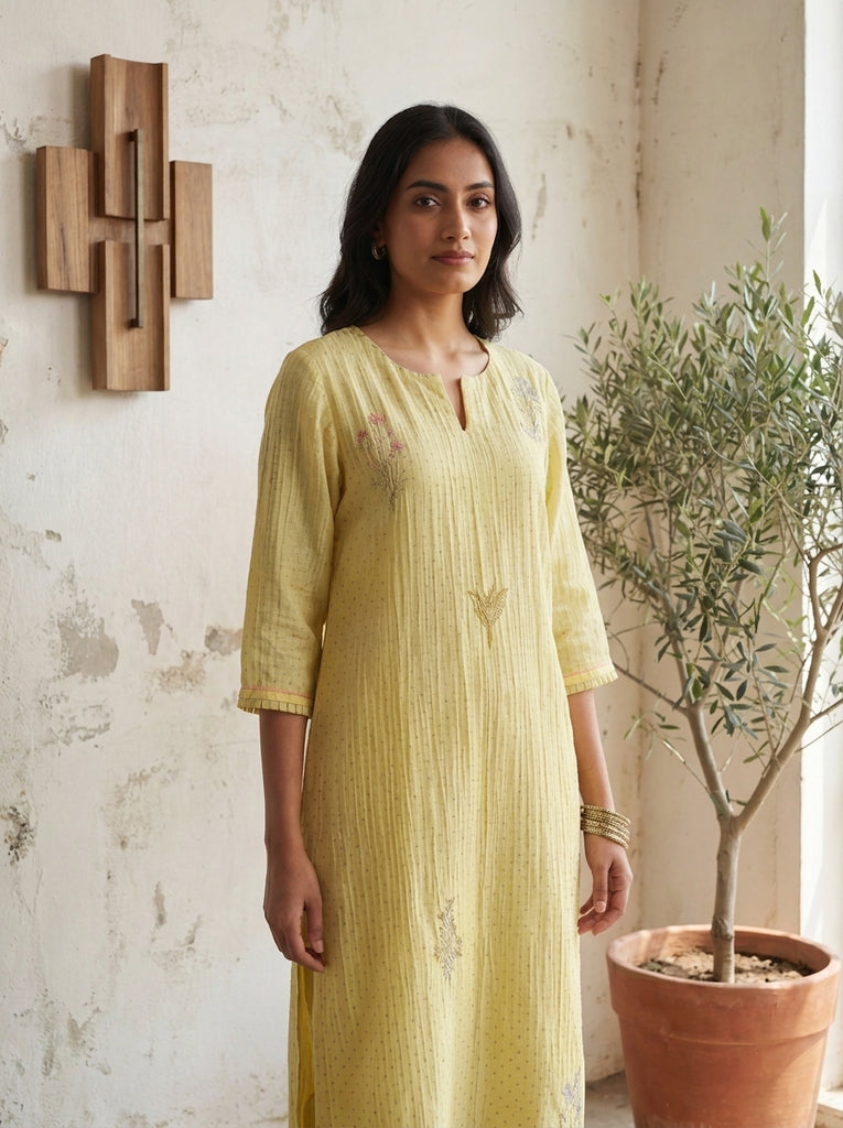 AUREVA Meadow Yellow Embroidered Textured Linen Co-ord Set - XL/3XL