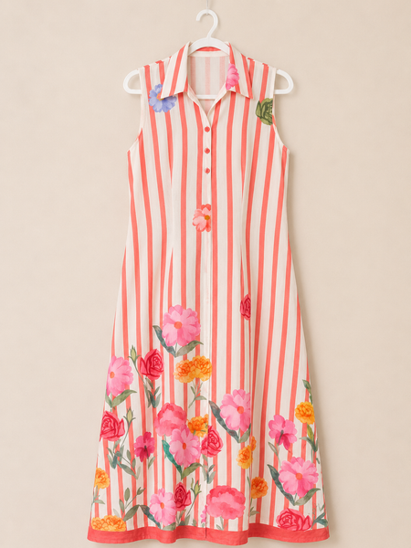 ALORA Coral Bloom Stripe Mul Maxi Dress - S/L