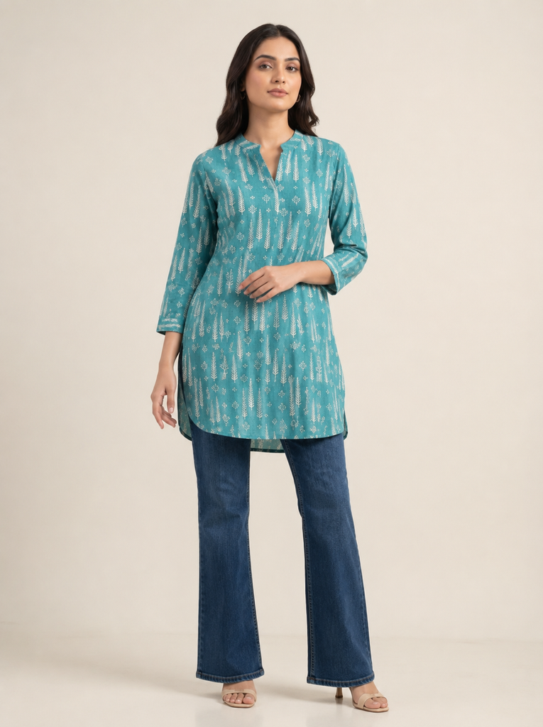 KAYA Aqua Fern Linen Kurti - S/M