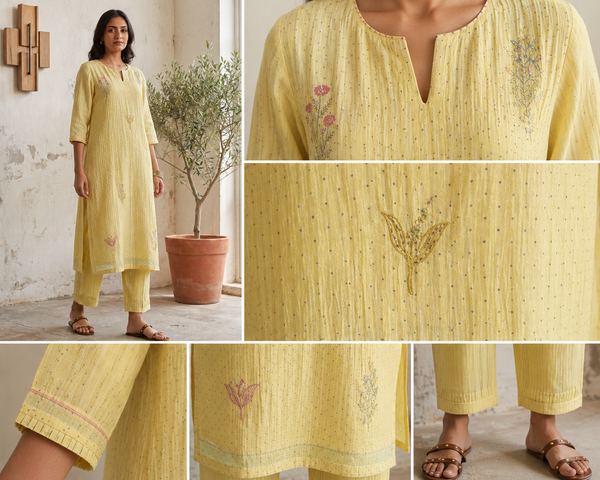 AUREVA Meadow Yellow Embroidered Textured Linen Co-ord Set - XL/3XL