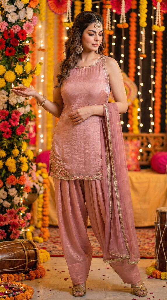 Dusky Pink Shimmer Embroidery Suit Set - S