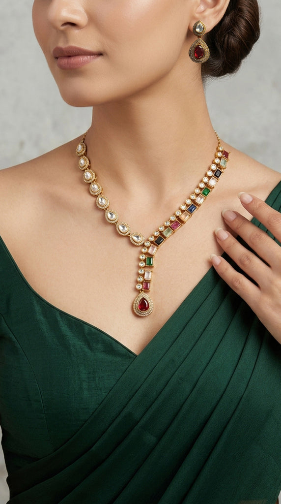 ANYA Multi-Coloured Kundan Drop Pendant Necklace Set