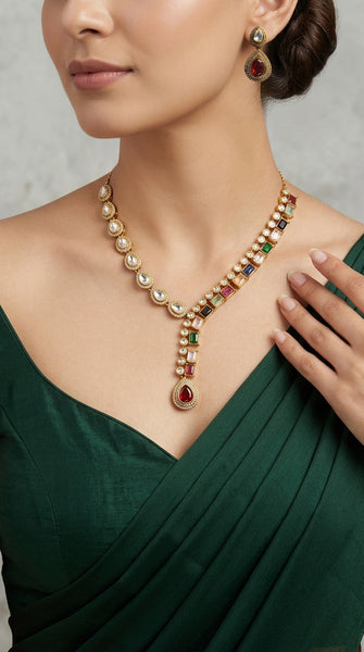 ANYA Multi-Coloured Kundan Drop Pendant Necklace Set