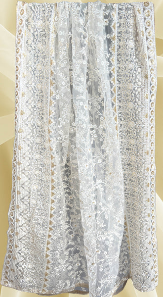 Embroidered White Gold Net Dupatta