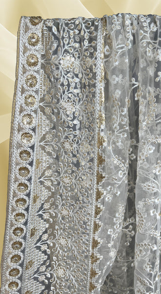 Embroidered White Gold Net Dupatta