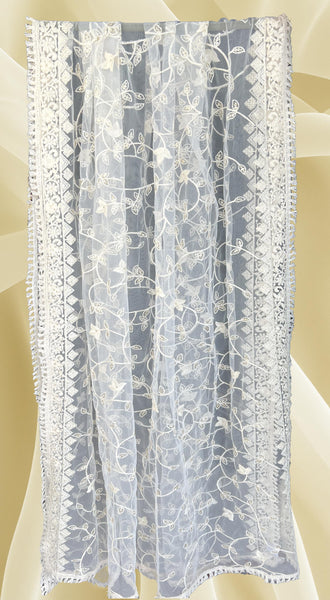 Embroidered White Gold Net Dupatta