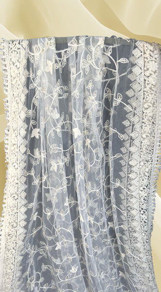 Embroidered White Gold Net Dupatta