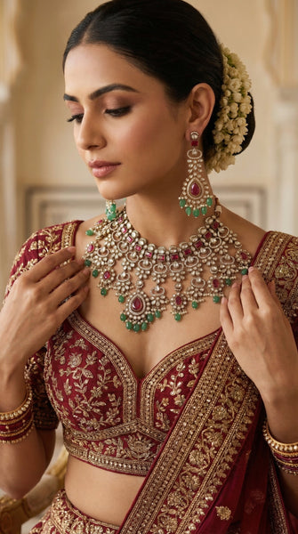 VIVAH Grand Kundan Rose Green Bridal Necklace Set