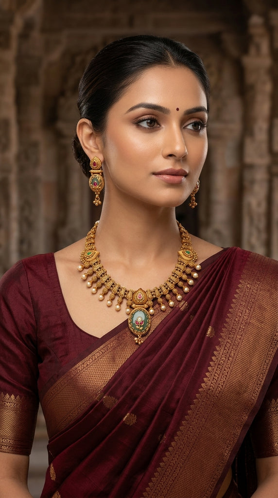SAREEQUEEN Gold Plated Jade Green Pendant Necklace Set