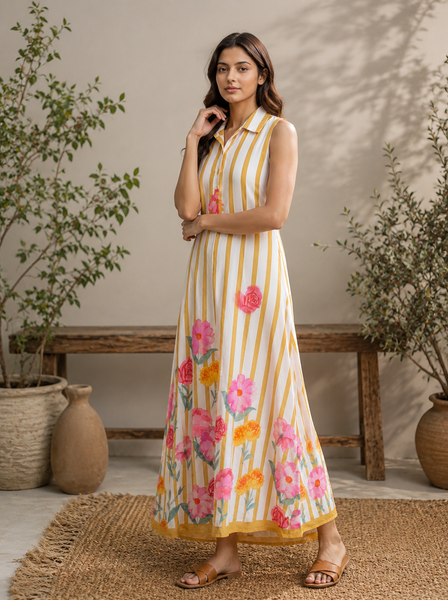 ALORA Mustard Bloom Stripe Mul Maxi Dress - S/L