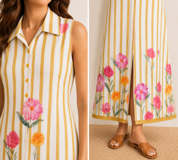 ALORA Mustard Bloom Stripe Mul Maxi Dress - S/L