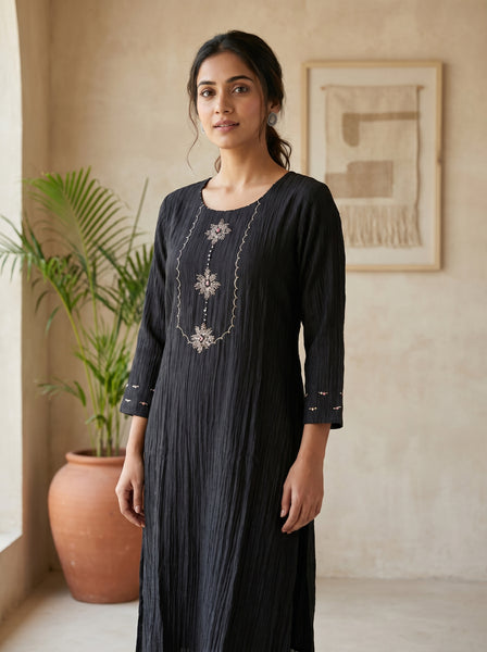AUREVA Black Embroidered Textured Linen Co-ord Set - M/XL