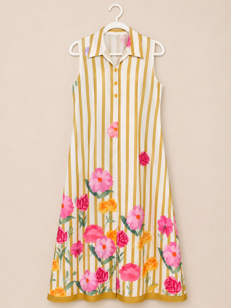 ALORA Mustard Bloom Stripe Mul Maxi Dress - S/L