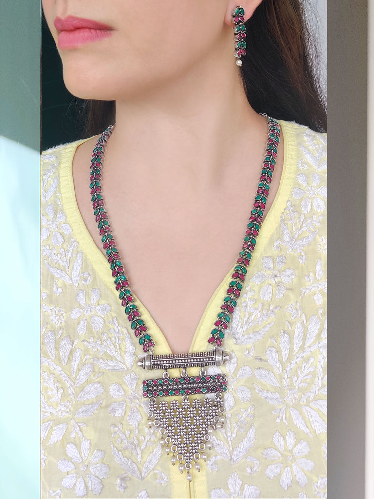 GLOW Ethnic Long Silver Necklace