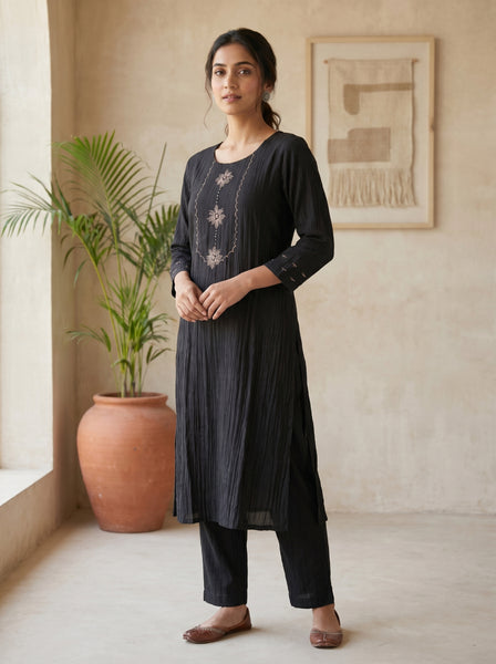 AUREVA Black Embroidered Textured Linen Co-ord Set - M/XL