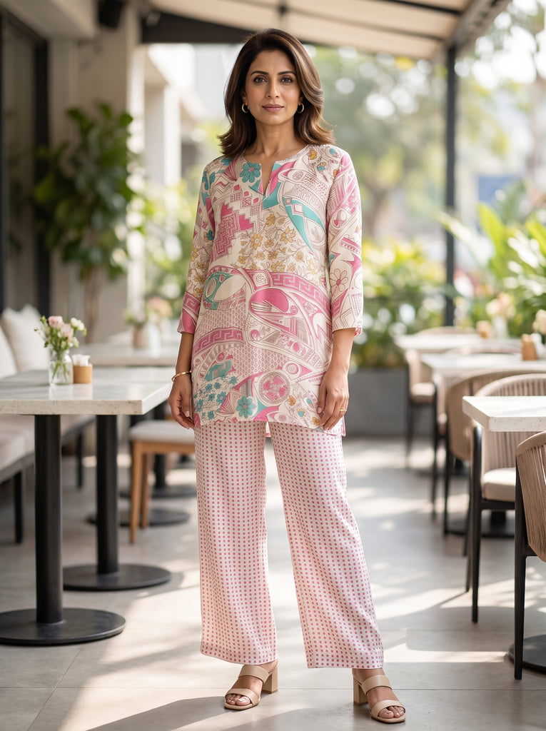 AUREVA  Pink Silk Floral Co-ord - XL TO XXL