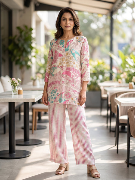 AUREVA  Pink Silk Floral Co-ord - XL TO XXL