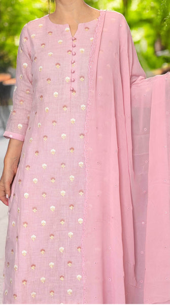 AMARA Pink Embroidered Linen Suit- M