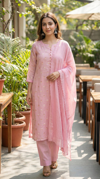 AMARA Pink Embroidered Linen Suit- M