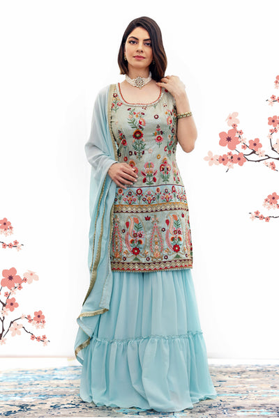 Light Blue Embroidered Gharara suit -M-L