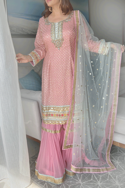 Pink Embroidered Gharara Suit -L