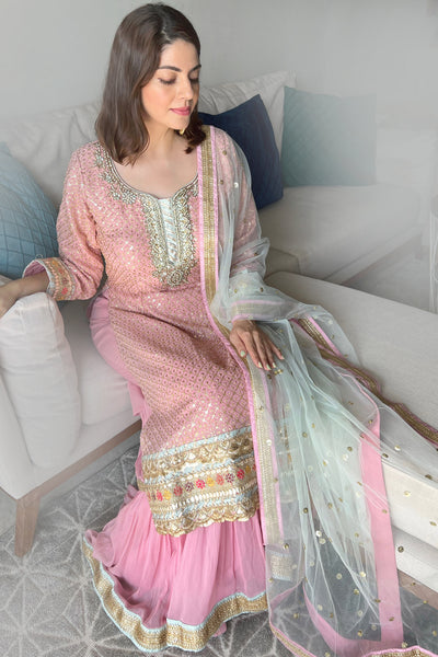 Pink Embroidered Gharara Suit -L