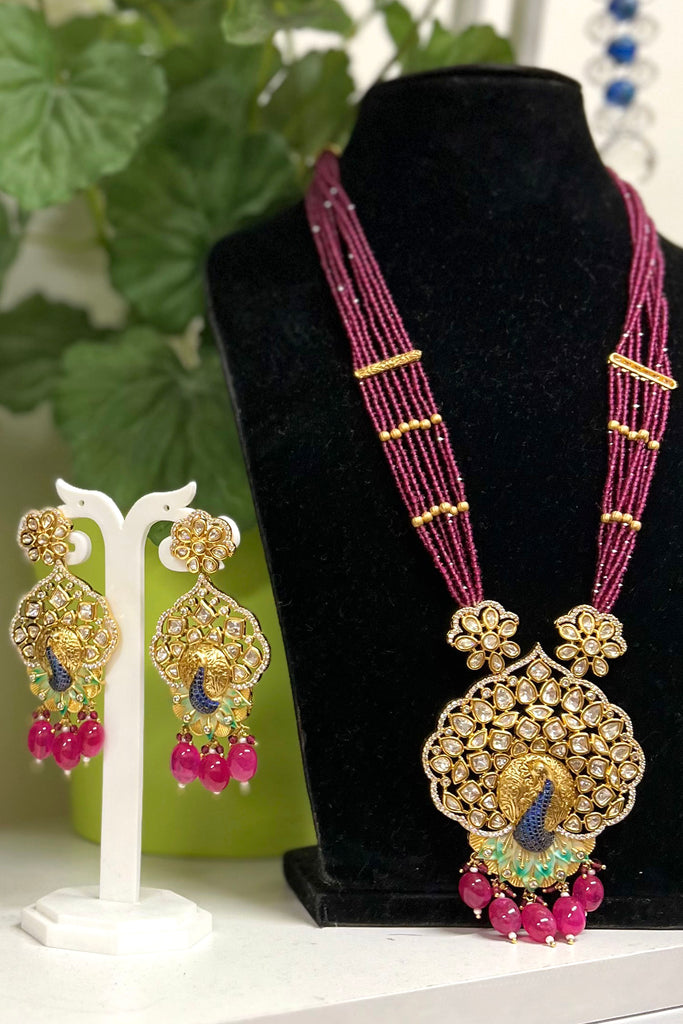 Peacock kundan long necklace set