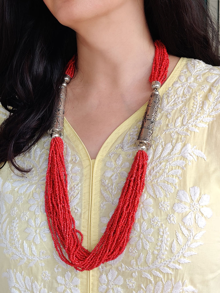 BOHO Silver Red Beads Necklace