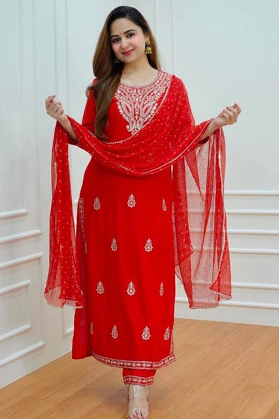 Red embroidered cotton suit -L-XL-XXL