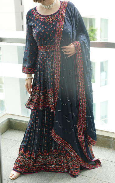 Mid-Night Blue Embroidered Gharara suit - L-XL