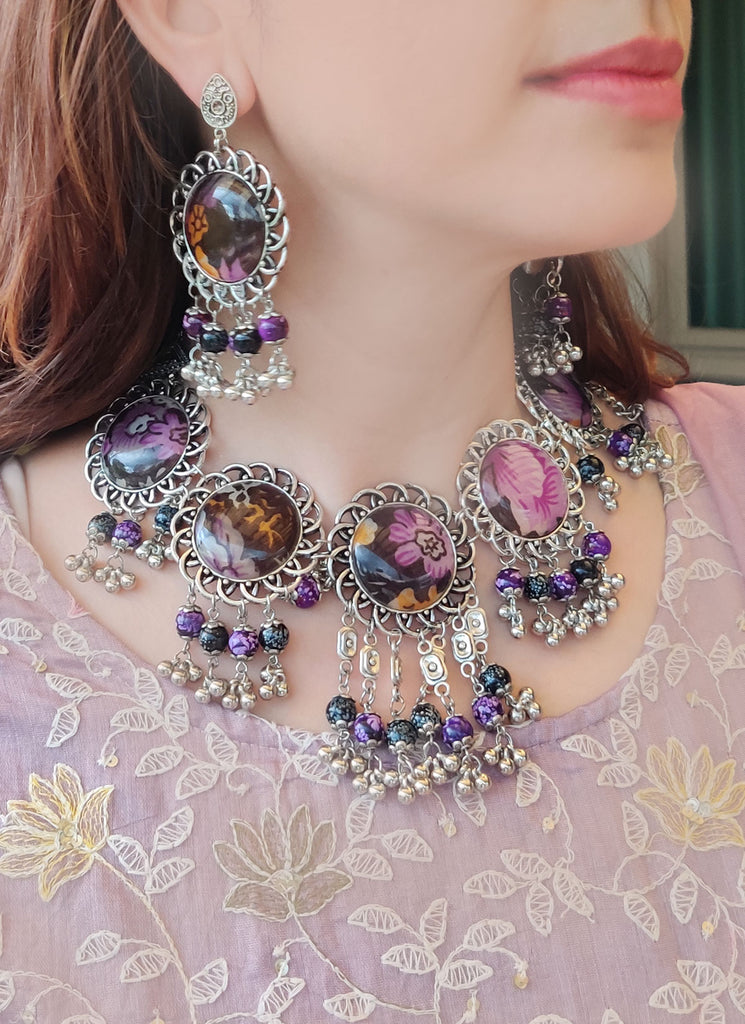 Floral Purple Silver Necklace set